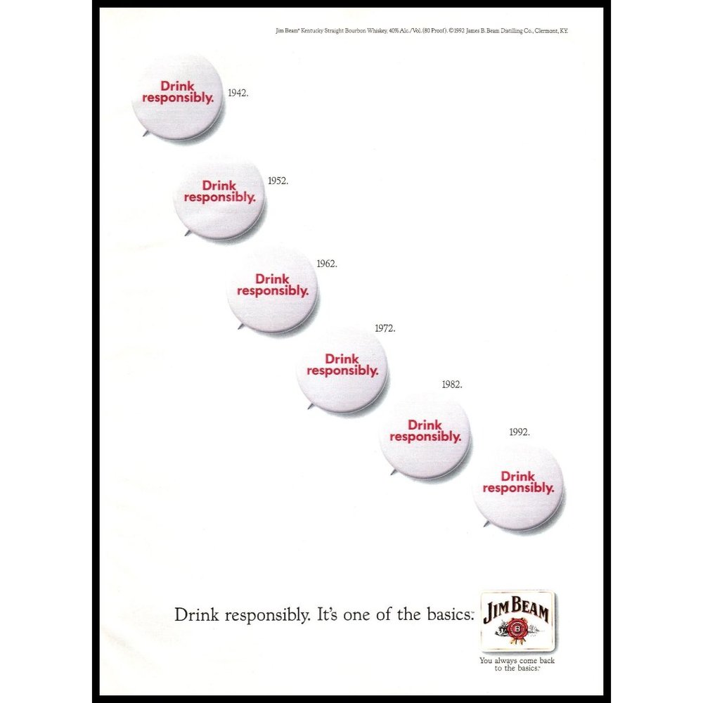 1992 Jim Beam Bourbon Vintage Print Ad Drink Responsibly Buttons Wall Art Photo